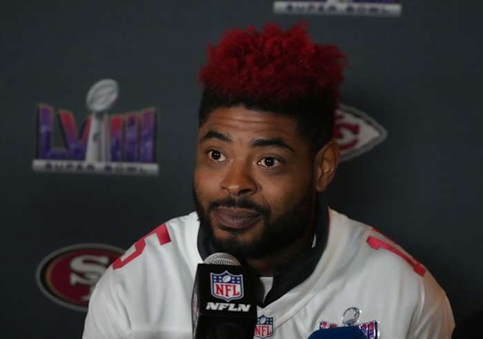 San Francisco 49ers WR Jauan Jennings during media availabilities before the Super Bowl. (Photo by Kirby Lee of USA Today Sports)